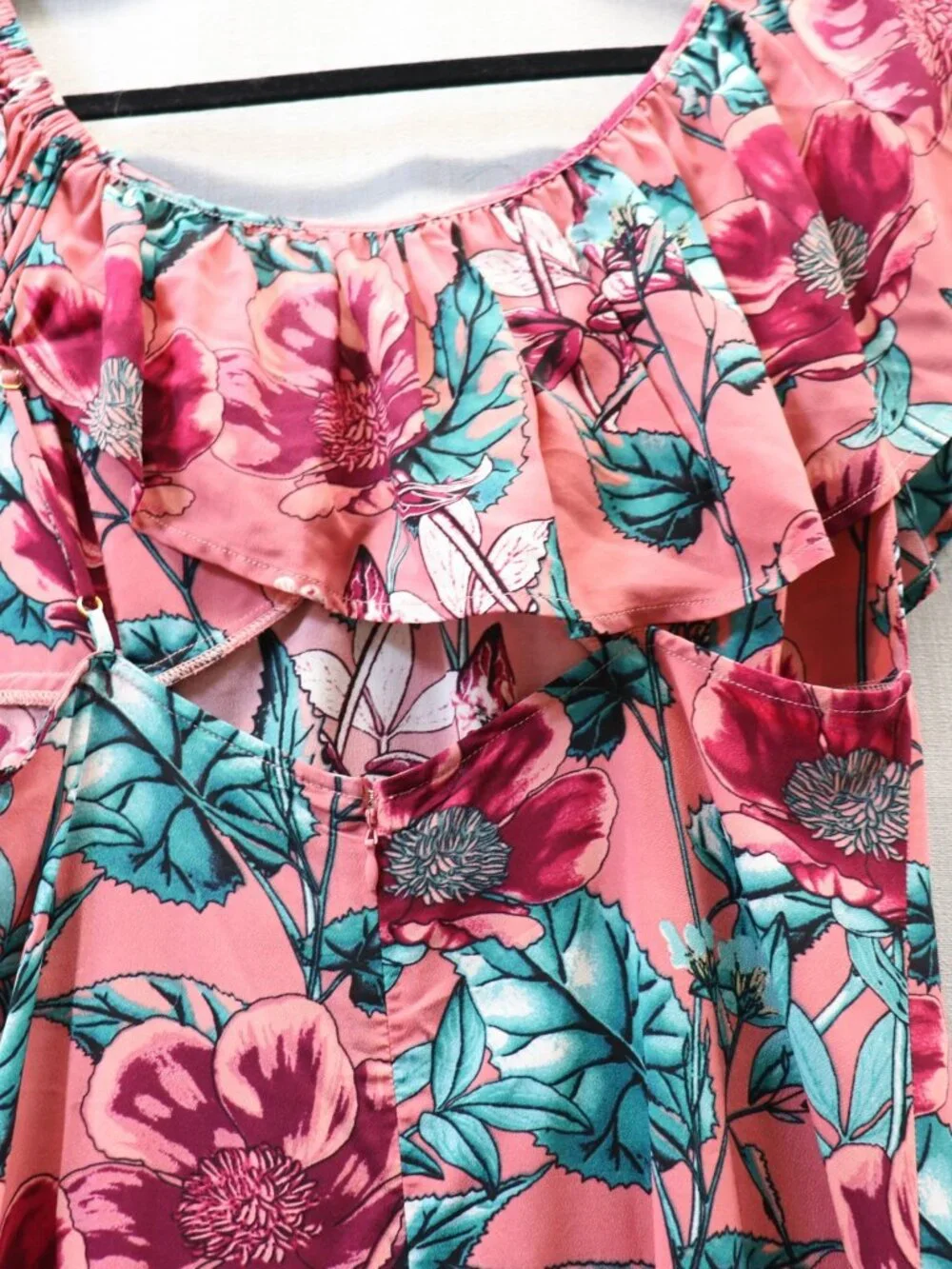 For Love & Lemons Flamenco Midi Dress L Pink Floral Silk Blend High Slit Ruffle - Picture 6 of 12